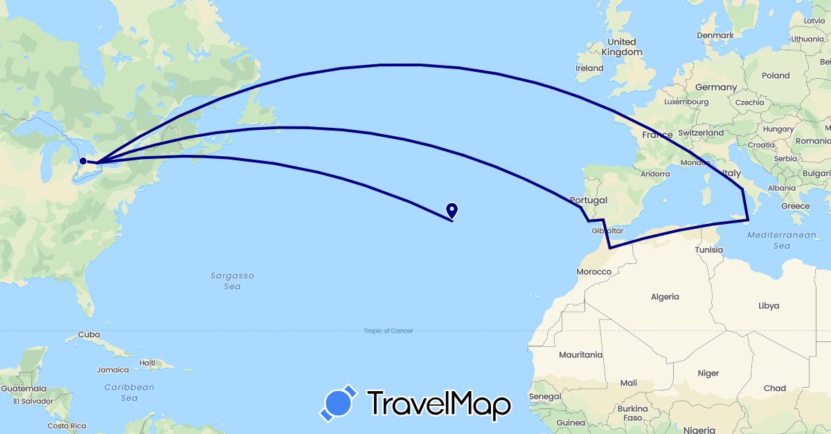 TravelMap itinerary: driving in Canada, Spain, Italy, Morocco, Portugal (Africa, Europe, North America)