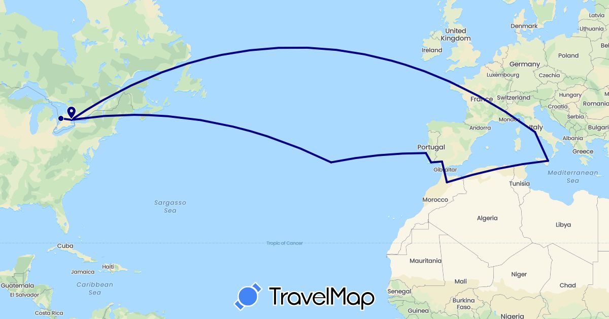 TravelMap itinerary: driving in Canada, Spain, Italy, Morocco, Portugal (Africa, Europe, North America)